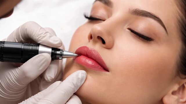 Cosmetologist performing lip enhancement procedure with dermal filler pen in professional beauty clinic