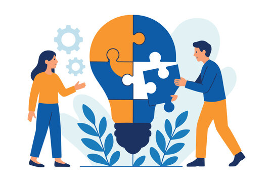 Two People Solving Problem Together by Completing Puzzle Light Bulb Idea, Flat Vector Illustration