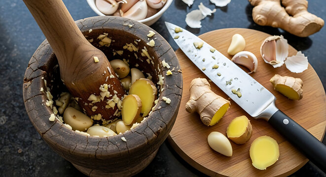 Ginger root and garlic cloves are being freshly prepared using a rustic wooden mortar and pestle next to a sharp.