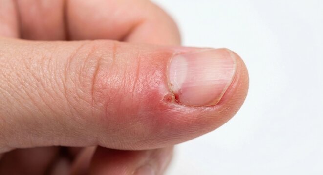 Close-up of ingrown fingernail with painful inflammation