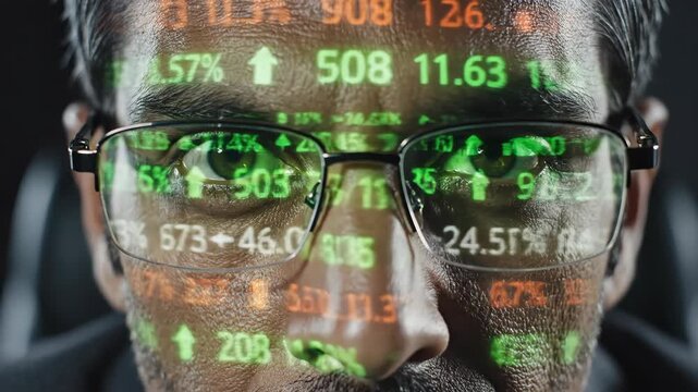 Intense focused man utilizing modern technology for market data analysis. close up portrait shows his face with glasses reflecting charts