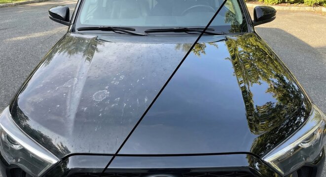 Before and after ceramic coating on black car hood
