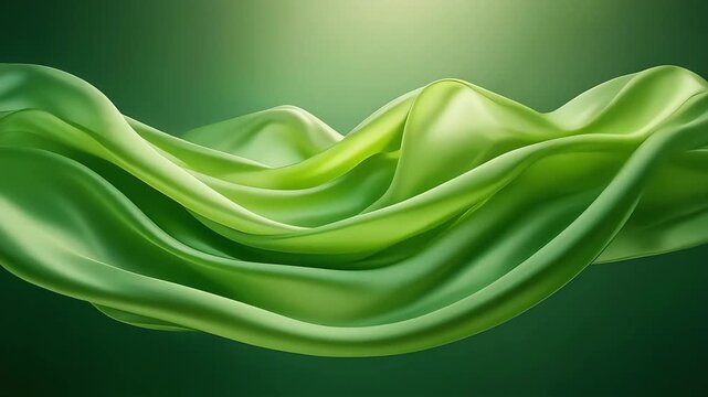 Bright green fabric flows in smooth slow-motion waves, showing silky highlights, soft shadows, and luminous texture against a darker green background for a fresh, elegant, and abstract visual.