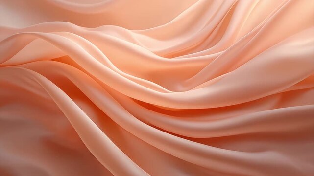 Soft peach satin fabric forms gentle flowing folds, showing warm highlights, smooth texture, and elegant drapery that creates a calm, luxurious, and refined abstract visual across the entire frame.