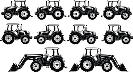 Detailed Agricultural Tractor Silhouette Set Featuring Modern Farm Machinery Front Loader Equipment and Heavy Duty Farming Vehicles for Agribusiness Rural Industry and Food Production © Elias