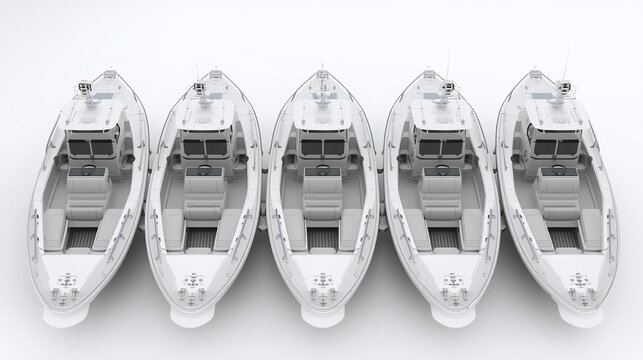 Five identical speedboats lined up, top-down view, modern design