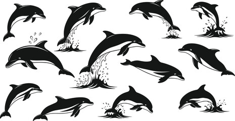 Fototapeta premium Dolphin silhouette jumping swimming set jumping from ocean water splashes sea life marine animal vector illustration collection for aquatic nature design