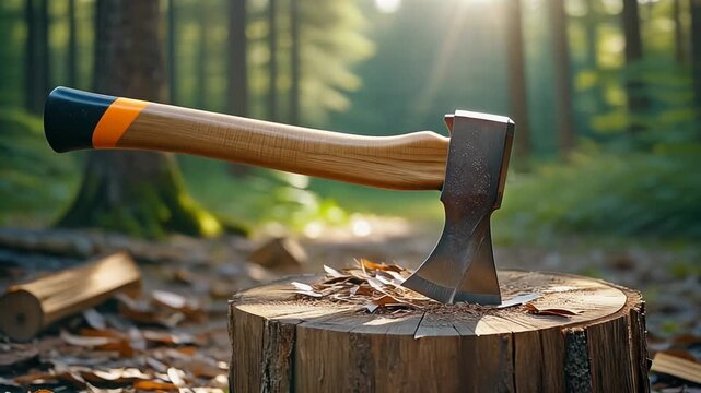 Axe stuck in a wooden log on a tree stump