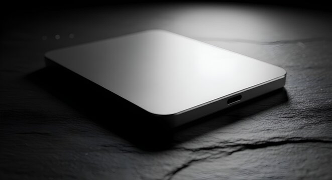 Sleek minimalist external hard drive on dark textured surface, USB-C port visible