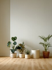 Fototapeta premium Minimalist empty room with potted tropical plants on a wooden floor against a clean white wall with copy space for home decor mockup and interior design advertising