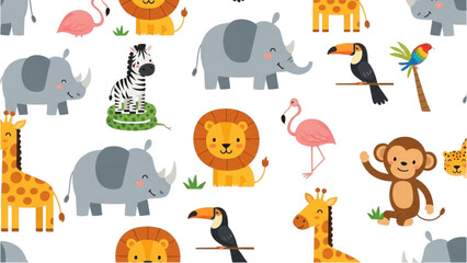 Fototapeta premium Colorful jungle animals gather in a vibrant natural habitat scene outdoors.