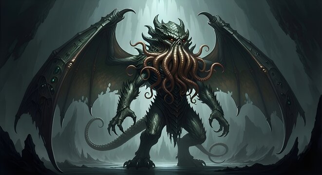 Mythical Tentacle Monster with Wings in Dark Cave