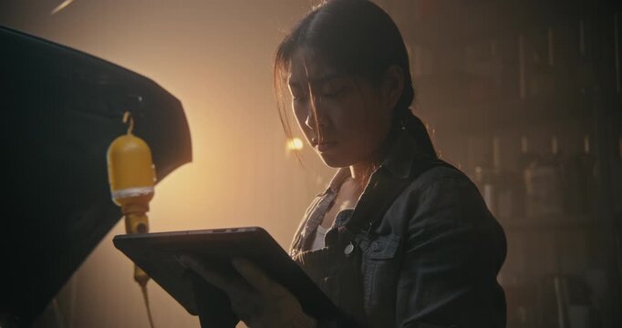 Professional Female Technician Resetting Car Computer and Entering Maintenance Data With Digital Tablet in Modern Workshop. Concept of Efficiency of Digital Tools in Contemporary Automotive Care.