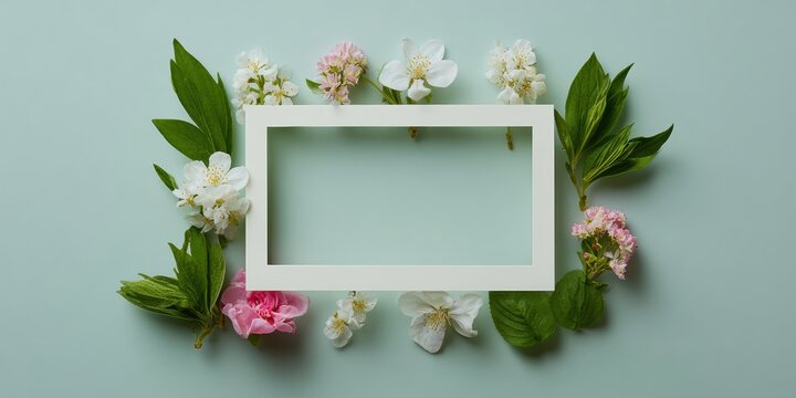 Spring flower frame with fresh greenery and white blossoms on mint blue background, flat lay mockup with central copy space for seasonal promotion and branding