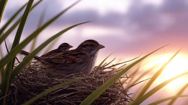 A sweet little birds nestling on its nest, surrounded by green blades of grass, with the sunset as background. 