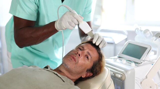 African male cosmetologist performs skin care and maintenance procedure for European man client. Specialist uses scriber nozzle to remove dead particles and peel-off clarifying