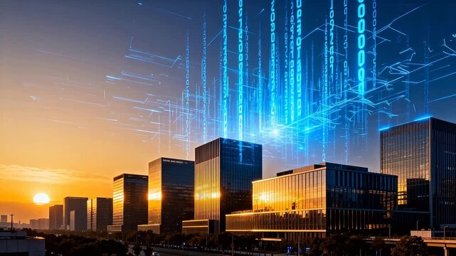 City skyline with digital data overlay