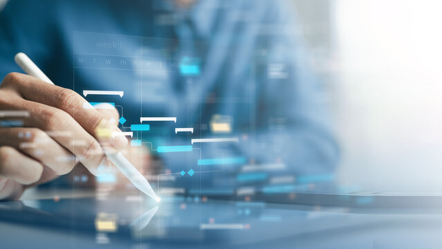 Business professional using digital tablet with workflow timeline interface overlay. Concept of project planning, task scheduling, process management, and business strategy implementation.