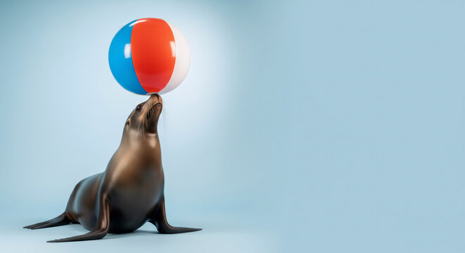 Concept of Balance and Fun, Sea Lion Balancing Colorful Ball on Nose