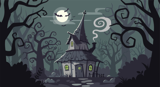 Eerie haunted house under a full moon with bats flying around