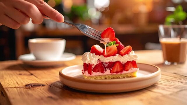 Close-up of hands holding a fork cutting into a slice of strawberry shortcake on a cafe plate.
Fresh strawberries and whipped cream texture stand out on the dessert plate on a wooden table.
