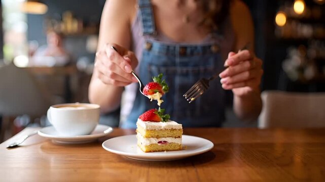 Close-up of hands holding a fork cutting into a slice of strawberry shortcake on a cafe plate.
Fresh strawberries and whipped cream texture stand out on the dessert plate on a wooden table.