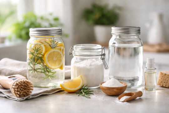 AI generated glass jars filled with homemade natural cleaning products including lemon vinegar baking soda and herbs on bright kitchen counter with soft light eco friendly household