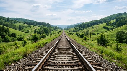 Long Straight Railroad Tracks Through Green Valley Landscape
