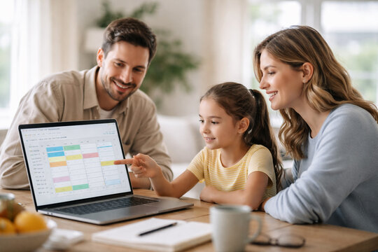 AI generated family reviewing weekly plans together on shared laptop screen at home parents and child organizing schedule planning teamwork modern family life