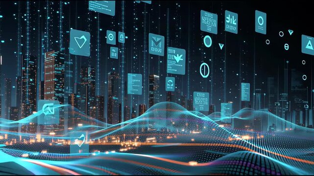 Futuristic Cityscape with Digital Data Waves and Floating Icons in High Tech Background.