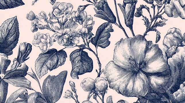 Vintage botanical engraving of flowers and leaves on cream background