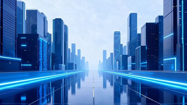 Futuristic cityscape with glowing blue lights