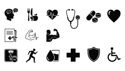 Obraz premium Black icons representing health medicine fitness and mental wellbeing concepts