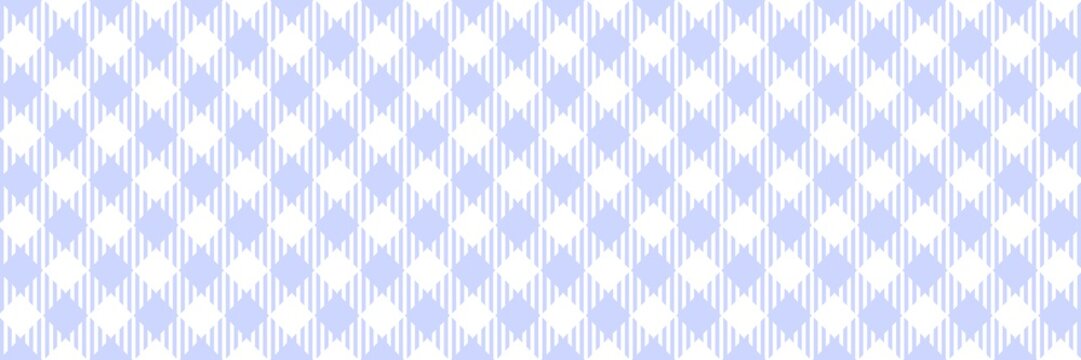 Blue pastel gingham checkered pattern background. Seamless soft purple and white diagonal plaid texture for fabric, tablecloth, wrapping paper, and cute aesthetic wallpaper design.