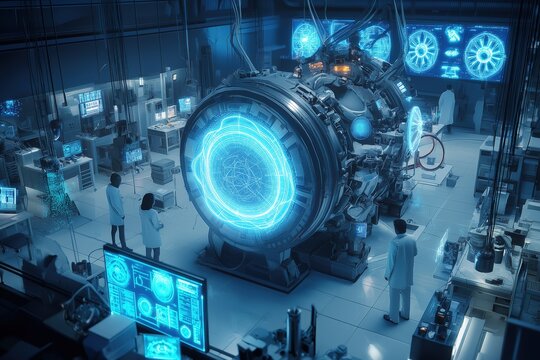 Futuristic lab scientists developing AI nuclear fusion device with holographic technology and advanced glowing blue equipment. Cutting-edge clean energy research concept.