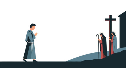 Naklejka premium A lone figure in prayer faces distant figures near a cross and building