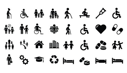 Accessibility and healthcare icons depicting diverse people and medical facilities
