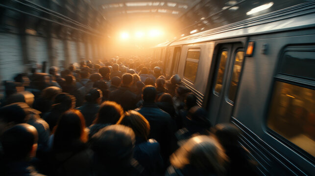 A packed subway train at the station with many people awaiting to board. The scene conveys a sense of anticipation and the daily commute 