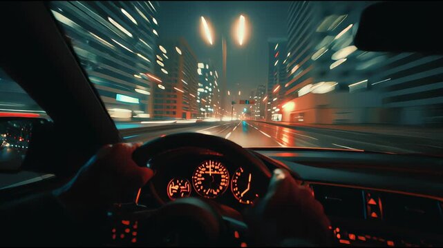 POV of Person Driving Fast Car Through Modern City at Night with Motion Blur and Glowing Dashboard Lights.