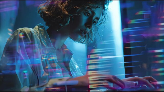 Futuristic Young Woman Developer Working on Computer with Digital Data Overlays and Neon Lighting in a High-Tech Office Environment.