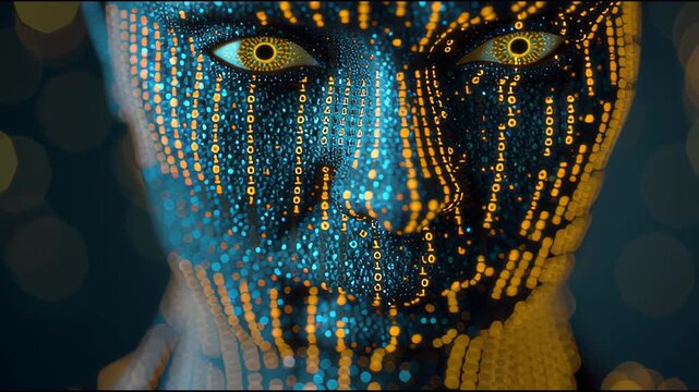 Futuristic Human Face Overlaid with Glowing Binary Code and Digital Data Particles Background.