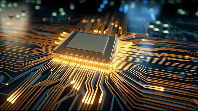 Close Up of Central Processing Unit CPU Chip on Circuit Board with Glowing Golden Data Energy Flow Paths.