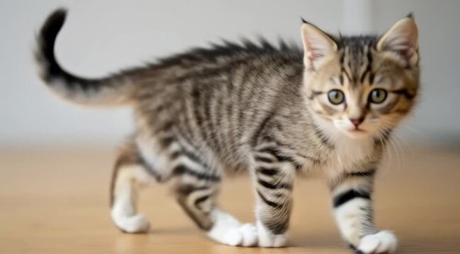 A curious little tabby kitten walks on a wooden floor indoors