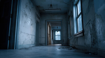 Obraz premium An old, decaying building hallway, with a haunting atmosphere. The walls are cracked and peeling, and the lighting is dim, suggesting a sense of mystery and abandonment.