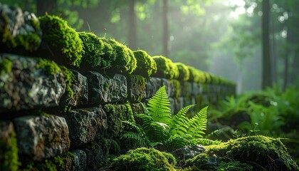 Fototapeta premium a mossy stone wall with ferns in the background.