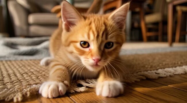 A curious orange kitten lies on a rug in a cozy living room.