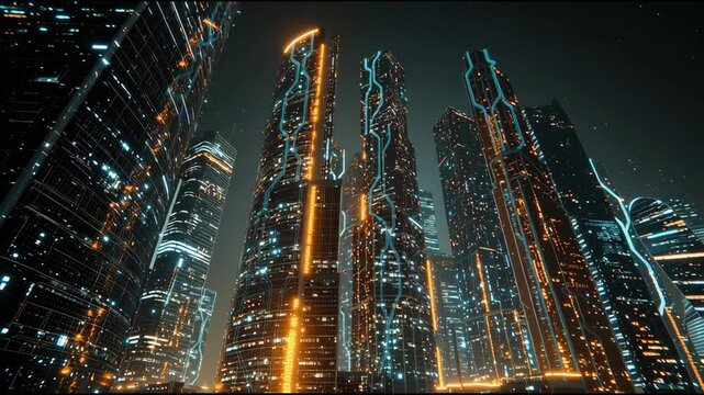 Futuristic Smart City Skyscrapers with Glowing Blue and Orange Circuit Board Patterns at Night.