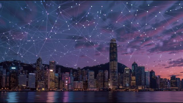 Modern Skyscrapers at Sunset and Futuristic Cityscape Connectivity Network Background.