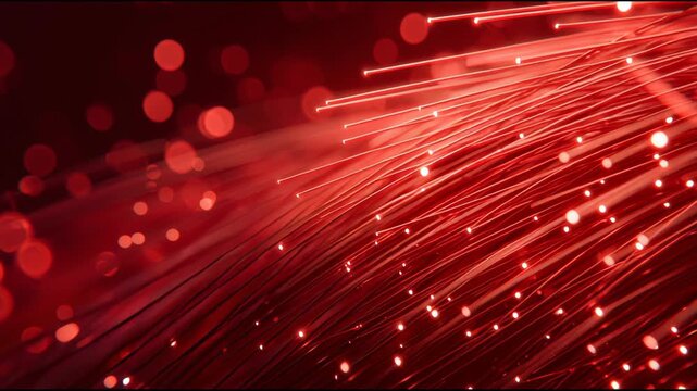 Abstract Red Fiber Optic Background with Glowing Light Particles for High Speed Data Transmission.