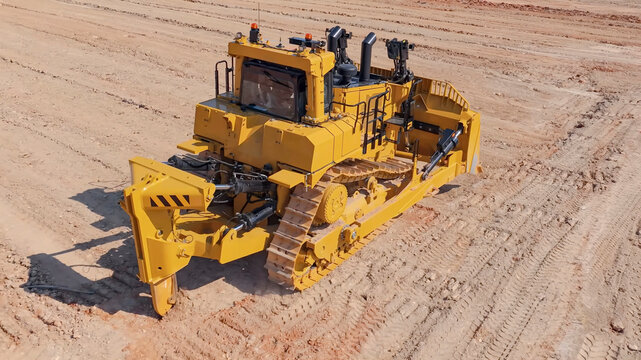 View of a huge D10-type bulldozer in the process of pushing clayey silty material onto platforms and embankments